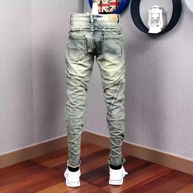 Herren Jeans männlich europäischen amerikanischen Trend zerrissen kleben Stoff Stretch kleine gerade Bein Mode Jeans hose Original Design