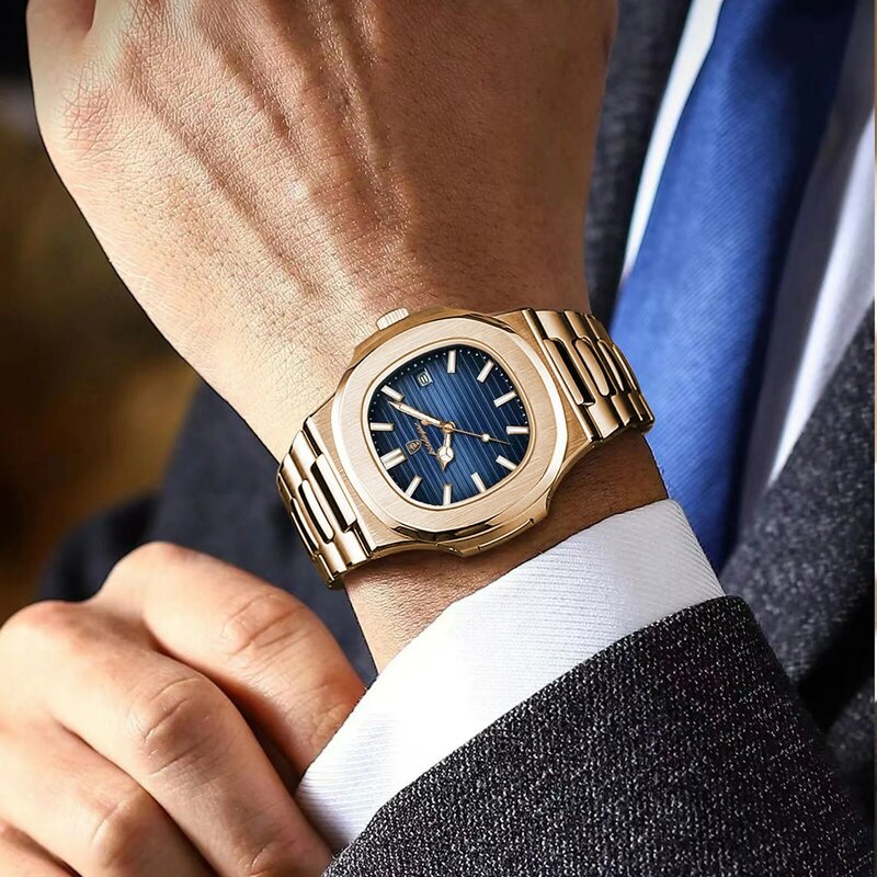 POEDAGAR 남성용 비즈니스 스테인리스 스틸 쿼츠 손목시계, 방수 야광 날짜 사각형 시계, 박스 포함