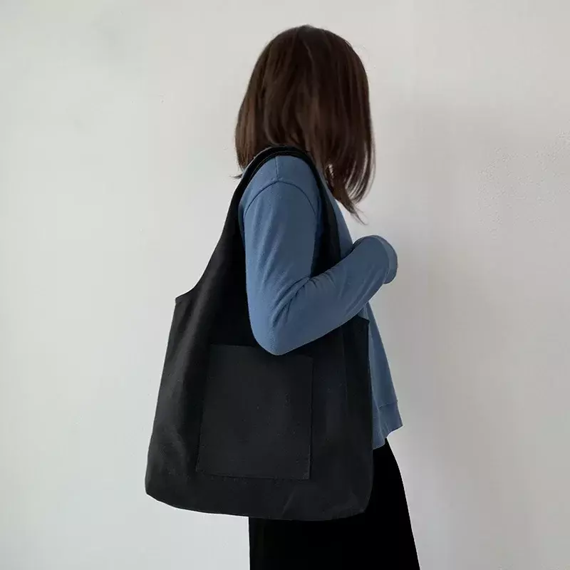กระเป๋าช้อปปิ้ง2024กระเป๋าผู้หญิงชุดสีล้วนใช้ซ้ำได้ฮาราจูกุแฟชั่นความจุขนาดใหญ่สีเบจ