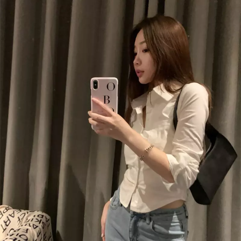 Koszule damskie składane Slim Fit krótkie bluzki codzienny Design biały czysty koreański styl moda na co dzień pani biurowa na wiosnę