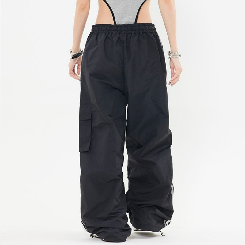 Amerykańskie modne luźne spodnie robocze damskie z paskiem elastyczny, wysoki wiązanie w pasie kieszeń prosty swobodny uniwersalny spodnie sportowe