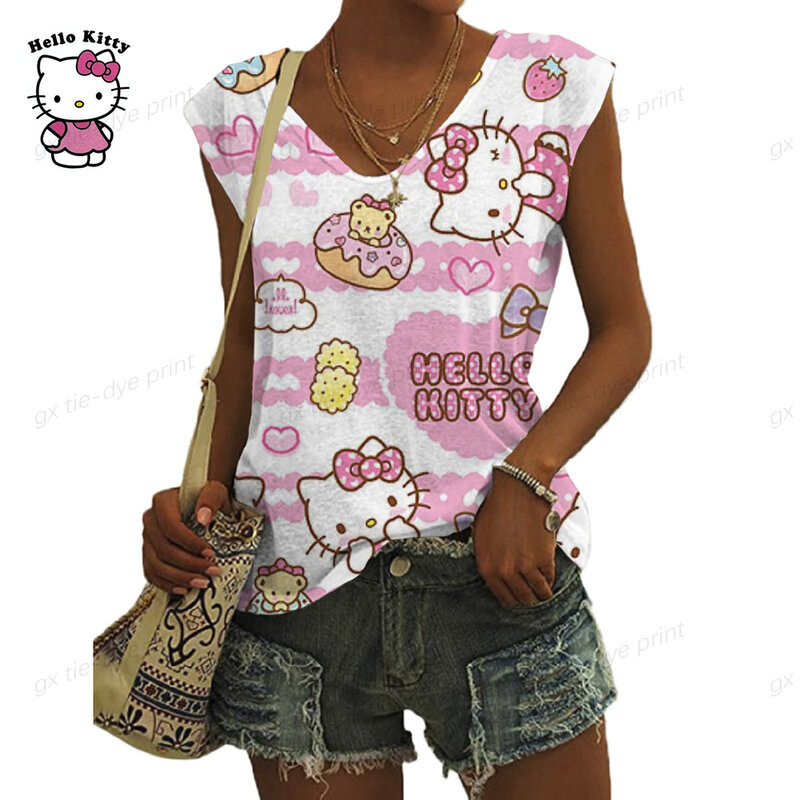 Débardeur imprimé Hello Kitty 3D pour femme, camisole de dessin animé, mode anime, mini ISO, 2024