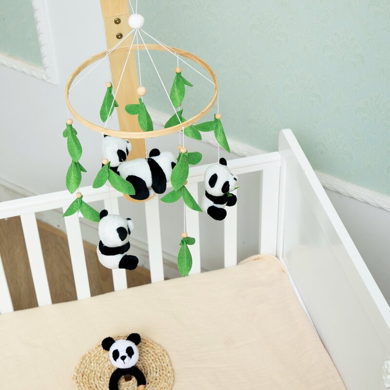 Bebê cama chocalho desenhos animados Panda pelúcia brinquedos berço recém-nascido cama sino crochê panda chocalhos quarto das crianças berço decoração brinquedo recém-nascido