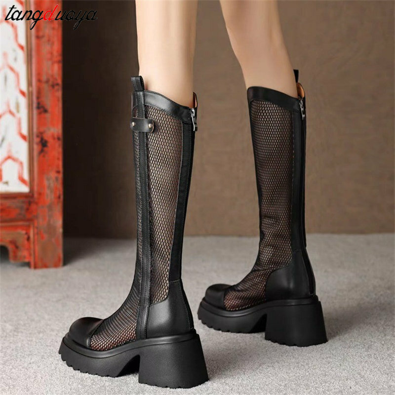 Women Sandals Boots 2024 Summer New Gladiator Zipper Mesh Breathable Med Heels Fashion Boots Female Casual Versatile Boots