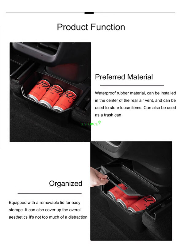 Organizador TPE para console central traseiro, caixa de armazenamento com tampa, lixeira, sob o assento, acessórios do carro, Tesla Model Y 2021-2023