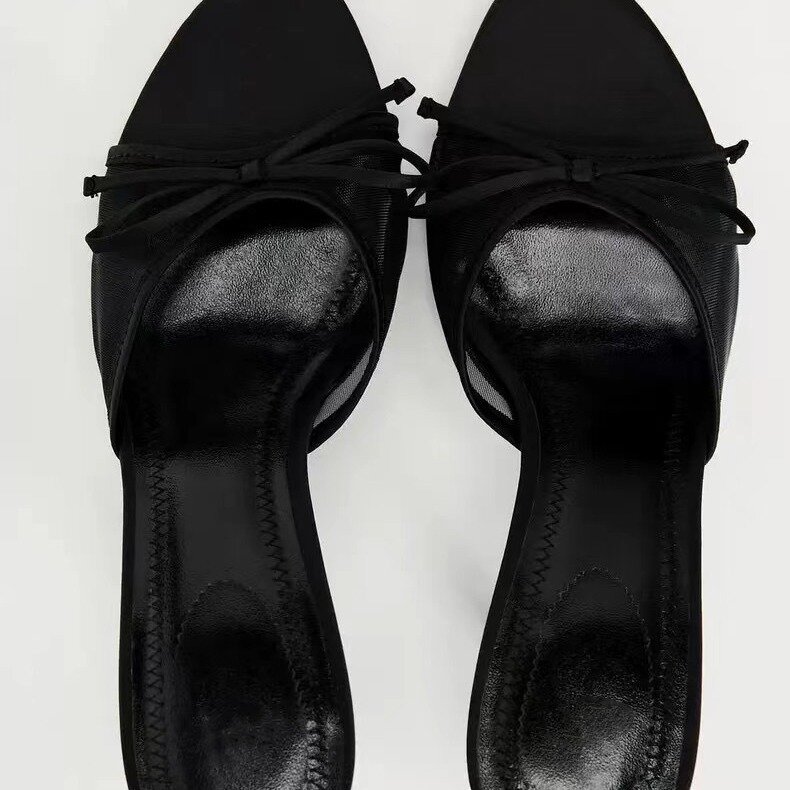 Sapatos franceses para mulheres, enfeite de arco, dedo do pé exposto, salto aberto, meio flop, sandálias de linha reta, 2022