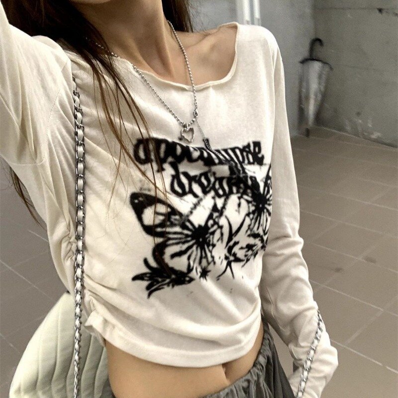 Женская Винтажная футболка с длинным рукавом, принтом и графическим принтом