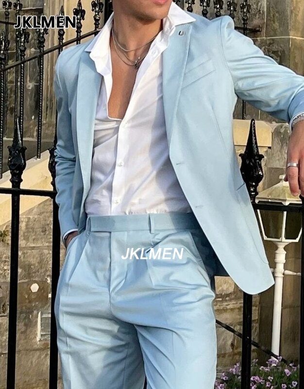 Sky Blue Summer Men Suits Latest Designs Groom Tuxedos 2 Pieces (Jacket+Pants) Wedding Prom Dinner Party Man Suit Blazer