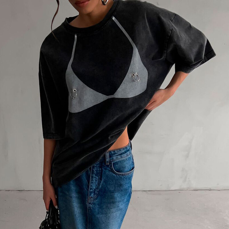 Fashion Distressed Washed Gray Short T-Shirt With Bikini Print Loose Round Neck Casual Pullover Half Sleeved Top