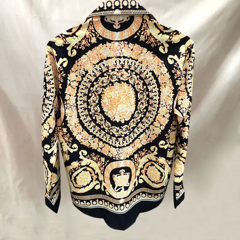 2024 Jesienna luksusowa koszula z nadrukiem w kolorze królewskiego złota Męska koszula z długim rękawem w stylu barokowym Męska koszula wysokiej jakości High Street Vintage