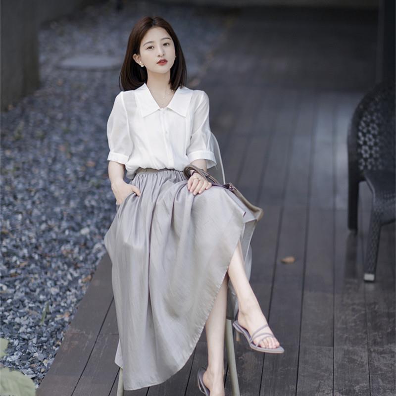 2024 elegante Mode Harajuku Slim Fit weibliche Kleidung locker lässig alle passen solide V-Ausschnitt Einsatz Kurzarm Tops Röcke Sets