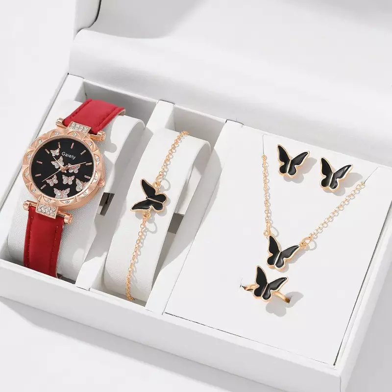 Комплект женских кварцевых наручных часов, комплект из 6/1 браслета, кольцо, ожерелье, серьги, часы с бабочкой, кожаный ремешок, без коробки