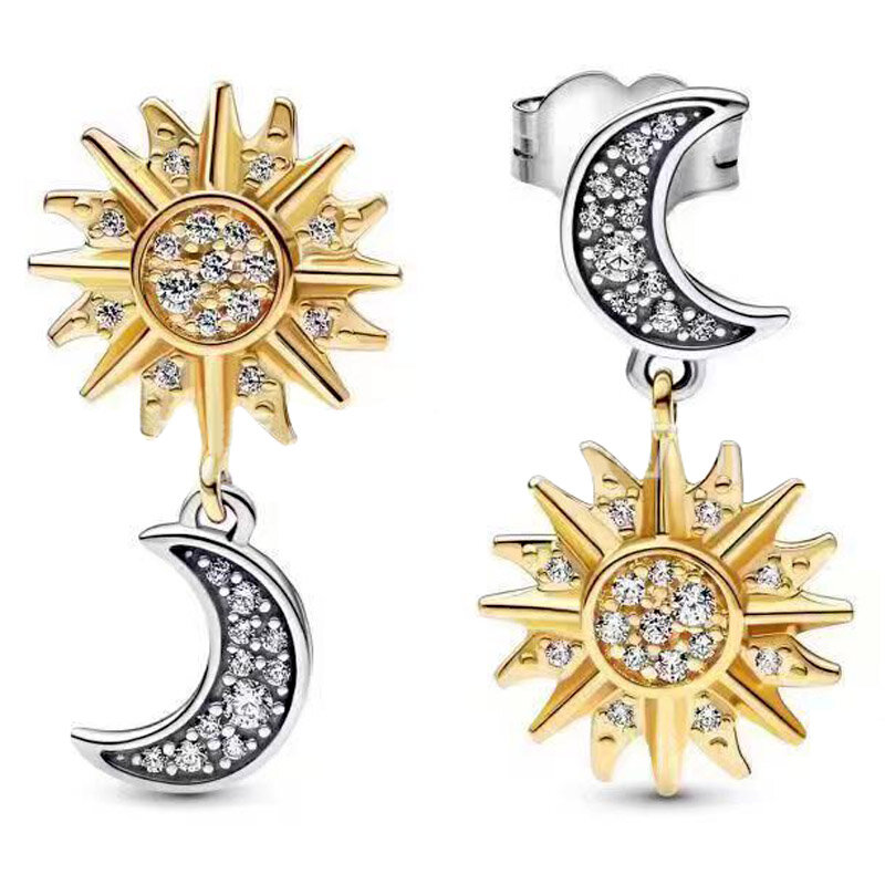 Женские серьги-гвоздики из серебра 925 пробы, с Луной и солнцем