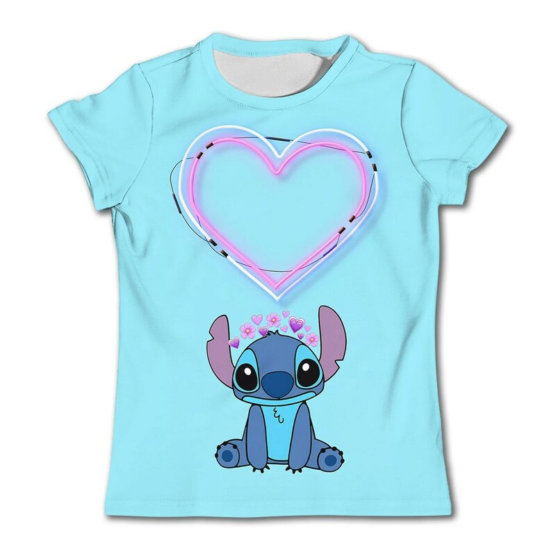 Camiseta con estampado de Stitch para niñas, ropa de manga corta de dibujos animados de Disney, informal, de secado rápido