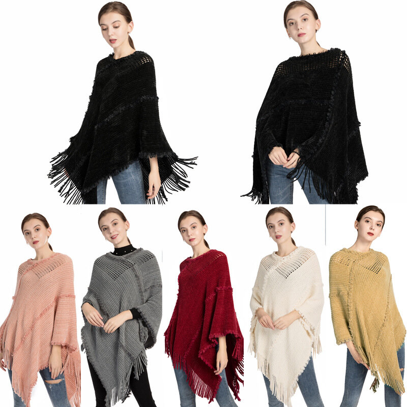 Poncho syal rajut rumbai wanita, jubah Pullover kasmir imitasi baru musim gugur dan musim dingin