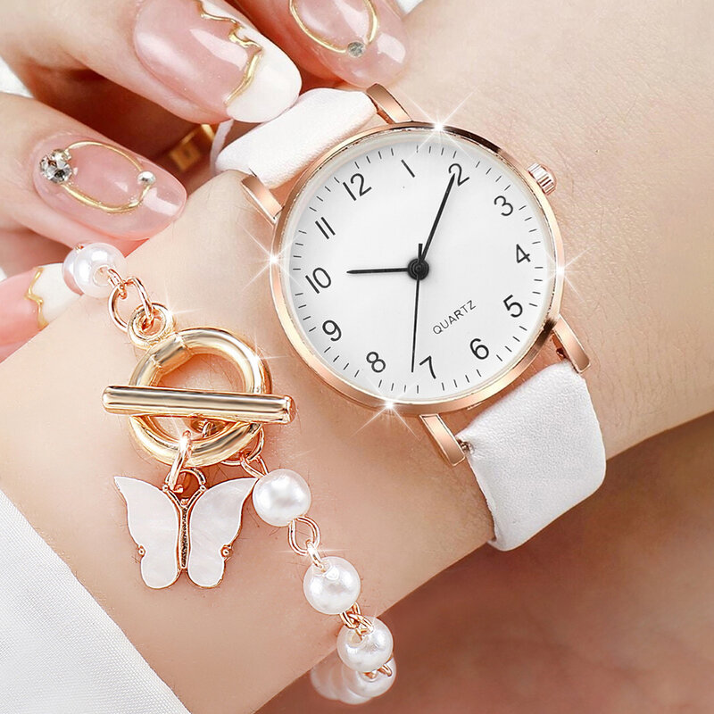 Relógio de quartzo borboleta pérola feminino, pulseira de couro, pulseira fashion, 2 peças por conjunto