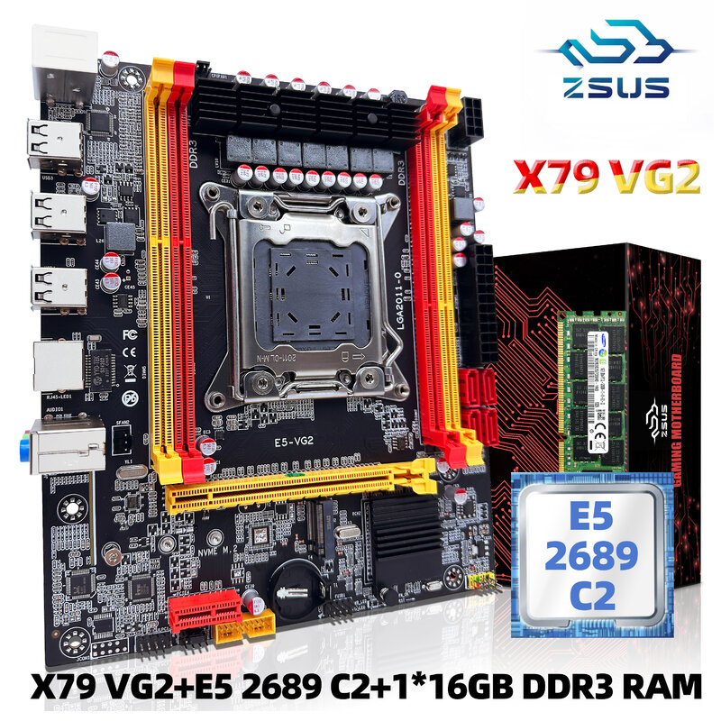 ZSUS-X79 VG2 Motherboard Set Kit, Intel LGA2011, Xeon E5, 2689, CPU C2, DDR3, 1x16GB, 1600MHz, Memória RAM ECC, NVME, M.2 SATA