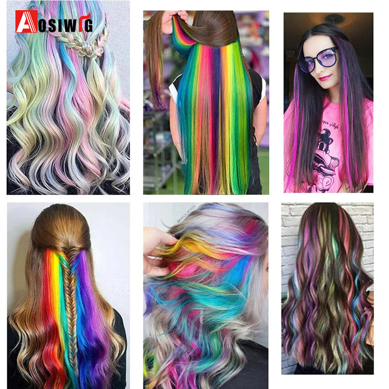 Extensões de cabelo sintético com um clipe para mulheres, arco-íris, estilo longo encaracolado e ondulado, cabelo colorido, resistente ao calor, 20 pol