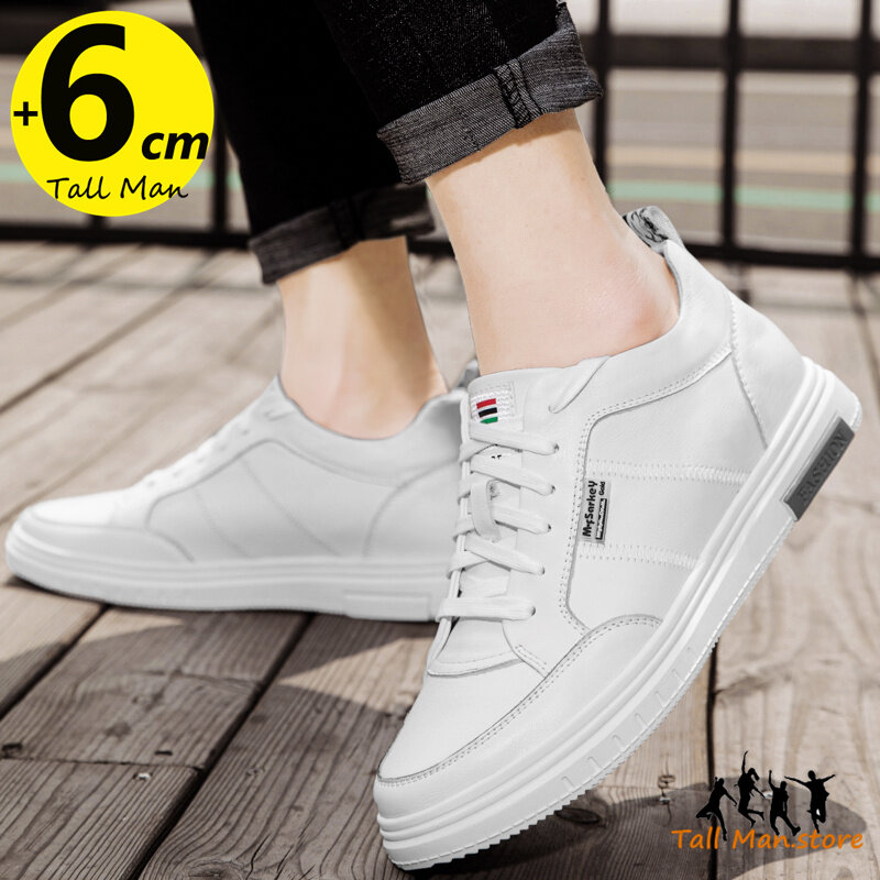 Sapatilhas para homens para aumentar a altura, estilo lazer, sapatos elevadores brancos, salto robusto, 6cm