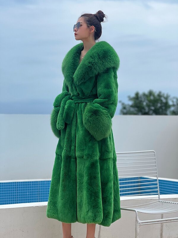العلامة التجارية جودة جديد الشتاء النساء ريال ريكس الأرنب معطف الفرو مع كبير الثعلب الفراء طوق كم الكفة الراقية الفراء الطبيعي X-طويلة سترة