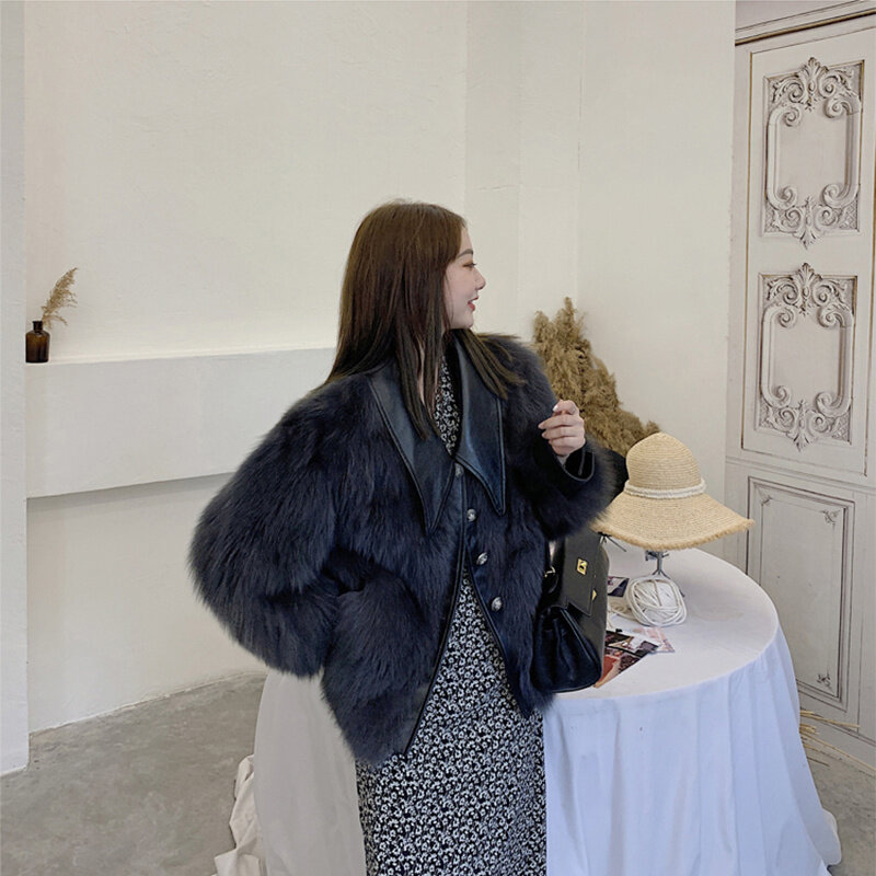 Mantel Bulu Rubah Musim Dingin Wanita Kerah Kulit Domba Tebal Kasual Pendek Pakaian Luar Warna Polos Jaket Bulu Asli Kancing Sebaris Perempuan