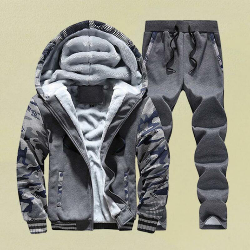 Plush Men Sweatshirt Zipper Hoodies Sweatpant Men's Tracksuit Casual Jogging Suit  Outdoor Set Winter Hooded Coat Pants Suit