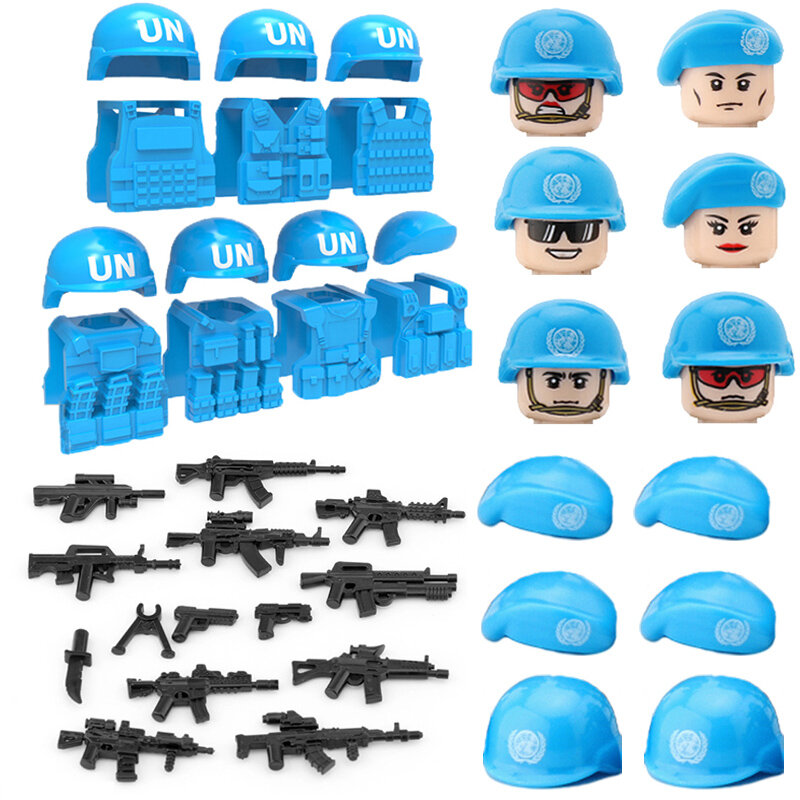 UN Kraft Ausrüstung Zubehör Gebäude Block Soldat Figuren Polizei SWAT Taktische Weste Helm Baskenmütze Military Waffe Ziegel Spielzeug