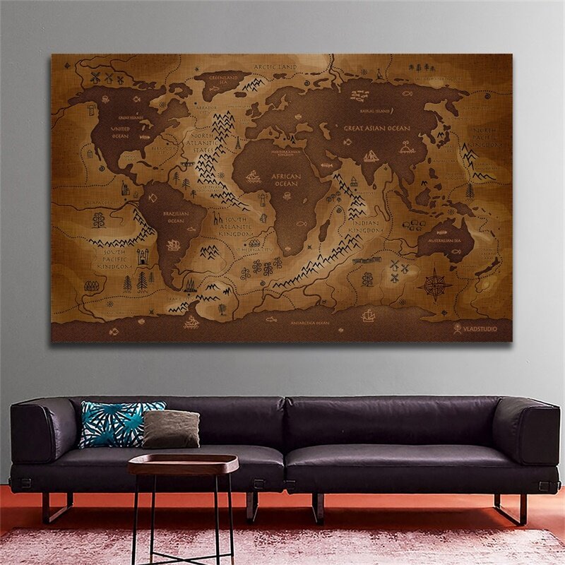 90*60cm Vintage World Map Non-woven Canvas Painting Retro Poster Wall Art Prints Living Room Home Decoration School Supplies