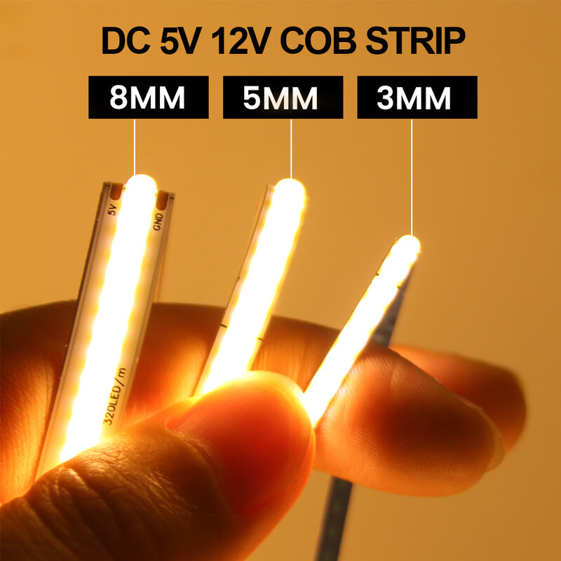 FOB COB-Bande lumineuse LED, DC 5V, 12V, 320 diodes/m, ruban flexible haute densité RA90 3000K 4000K 6000K, décoration de chambre