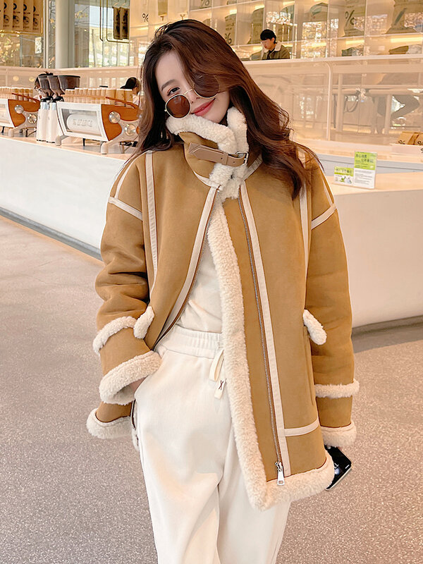 Manteau d'hiver en laine d'agneau pour femme, manteau de fourrure chaud et épais, manteau de moto coréen, sourire, nouveau, 2023