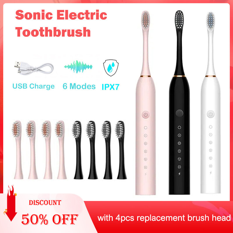 فرشاة أسنان كهربائية برأس بديل ، فرشاة أسنان توقيت ذكية ، قابلة لإعادة الشحن USB ، تنظيف الأسنان ، تبييض ، سونيك
