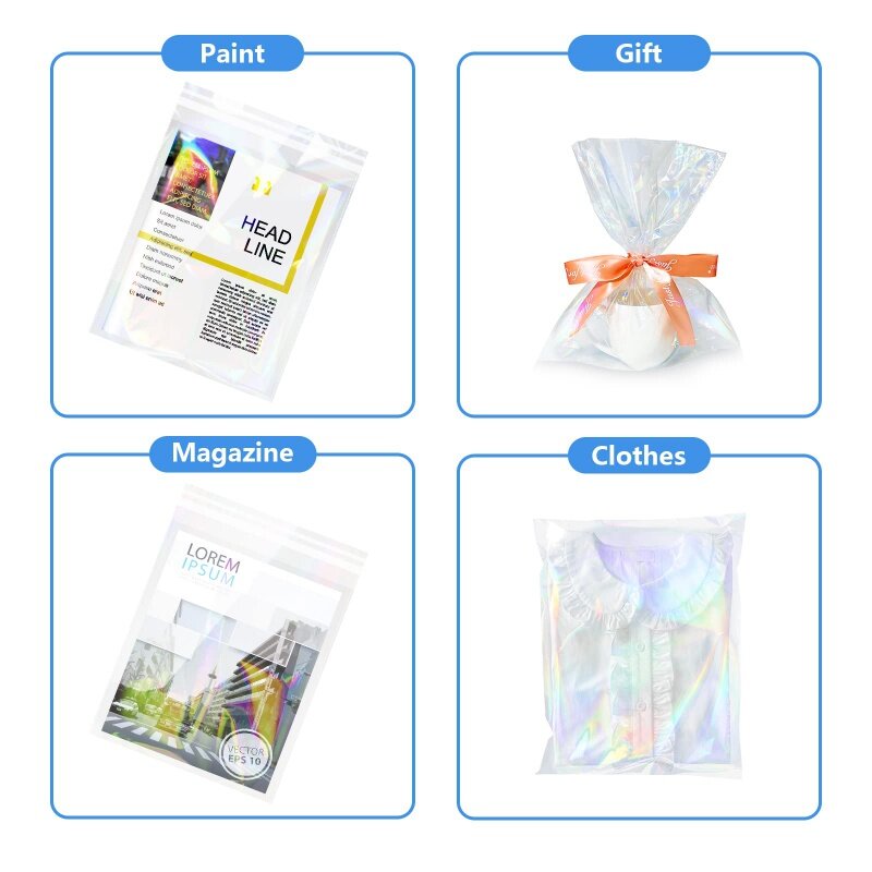 Violoncelo plástico embalagem celofane sacos, iridescente holográfica, Resealable, auto selo, adequado para alimentos, roupas, produto personalizado