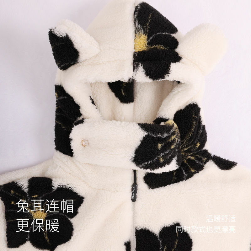 Conjunto de pijama coreano com capuz feminino, roupa de dormir estampada, bolso com zíper, grosso, quente, tamanho grande, outono, inverno
