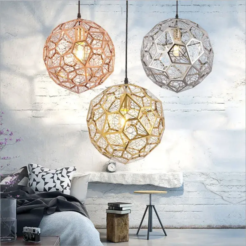 Nordic Italian Gold Copper Silver Etched Mesh Pendant LightEmbroidered Ball Shaped StainlessSteelRestaurant BedroomPendant Light