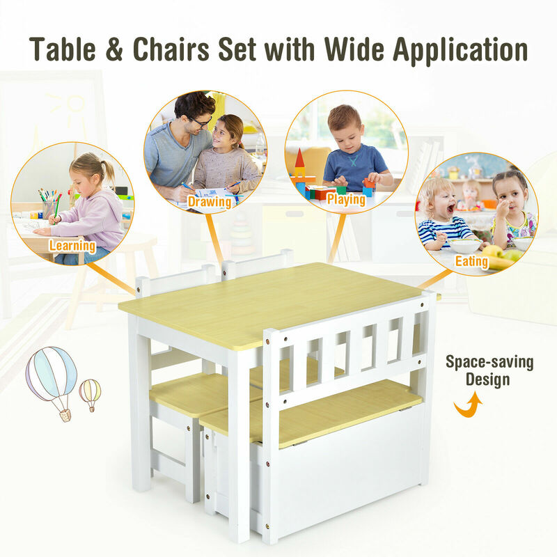 ชุดโต๊ะและเก้าอี้ไม้สำหรับกิจกรรมเด็ก4ชิ้นพร้อมโต๊ะเก็บของโต๊ะอ่านหนังสือ