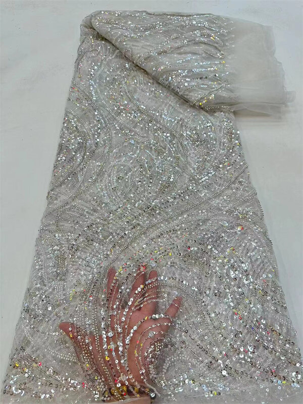 Manik-manik tabung baru kain renda Afrika kualitas tinggi 5yard renda bordir payet Prancis kain jaring jala pernikahan untuk gaun pesta