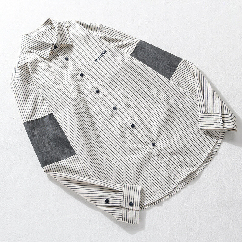 Мужская винтажная рубашка с длинным рукавом, Повседневная Свободная рубашка в полоску с вышивкой букв, одежда для подростков, весна-осень 9554