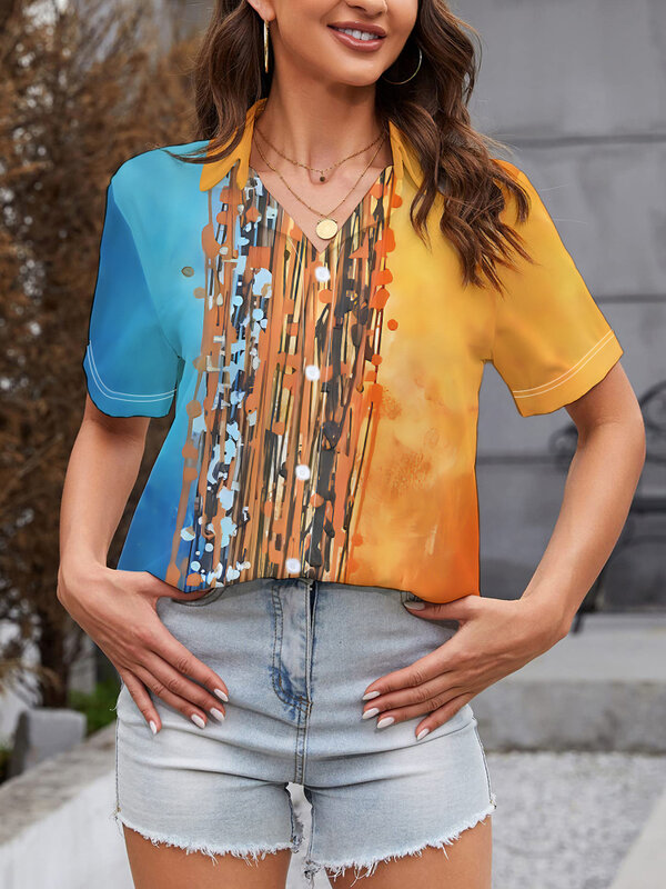 Camisa de manga corta con solapa para mujer, camisa con estampado digital 3D, personalidad innovadora, popular en la calle, de verano