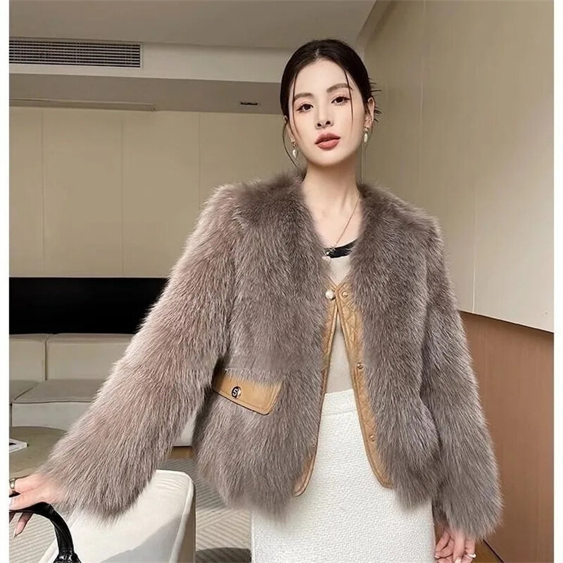 2023 Winter New Coat Female Imitation Fox Fur Spell Pipi Grass Thick Jacket Women Toka Korean Outwear Short Temperament Lady Top