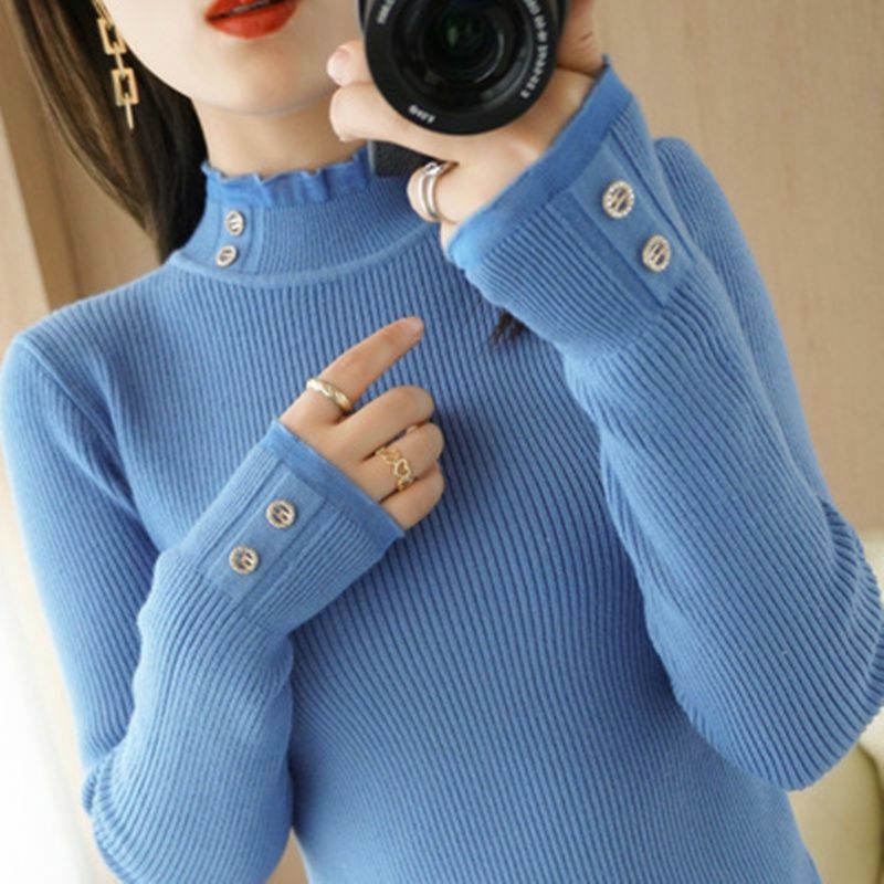 Женский свитер с высоким воротником, сезон весна-осень 2023, эластичные базовые Топы, облегающие пуловеры с длинным рукавом, T157