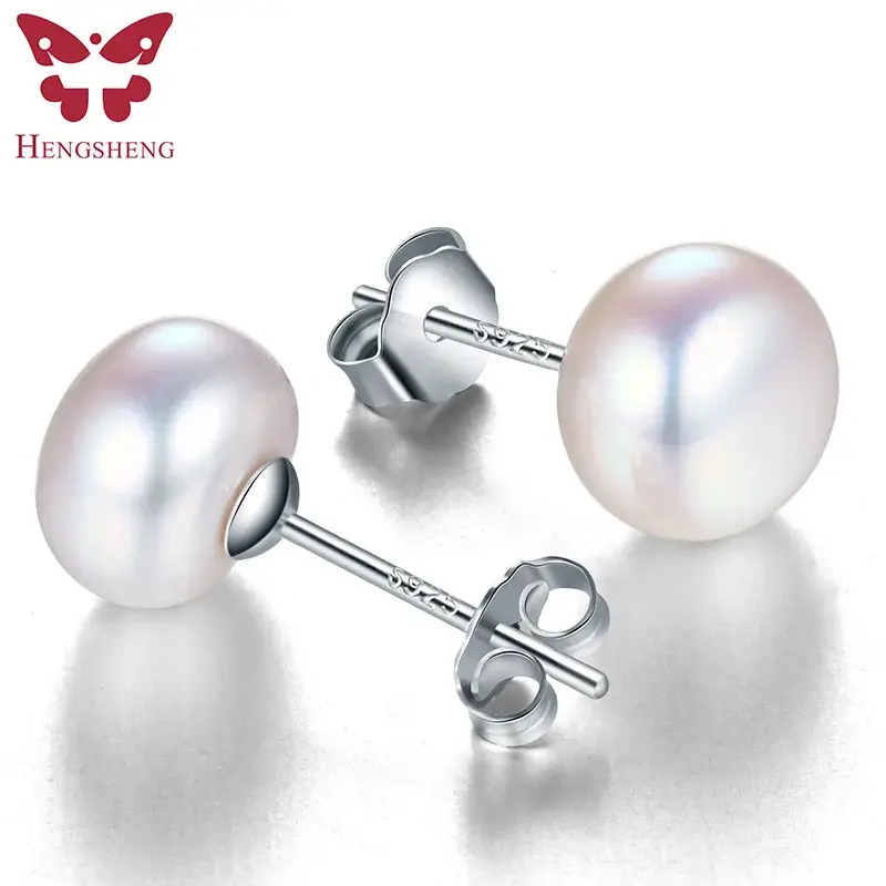 HENGSHENG-pendientes de perlas blancas de agua dulce 100% para mujer, joyería de moda, aretes de tuerca de plata, súper oferta con caja de regalo