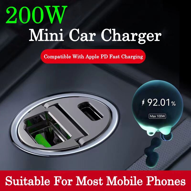 200W USB Car Charger Lighter Fast Charging for iPhone QC3.0 Mini PD USB Type C Car Phone Charger for Xiaomi Samsung Huawei