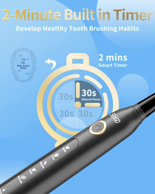 Spazzolino elettrico Seago Sonic SG-507 per spazzola Timer per adulti 5 modalità Set di testine di ricambio per spazzolino da denti ricaricabile Micro USB