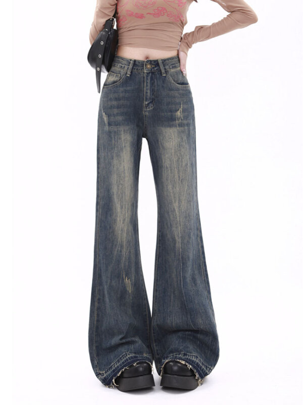 Синие модные женские джинсы-клеш в Корейском стиле с высокой талией, винтажные джинсовые брюки, облегающие пикантные элегантные женские брюки