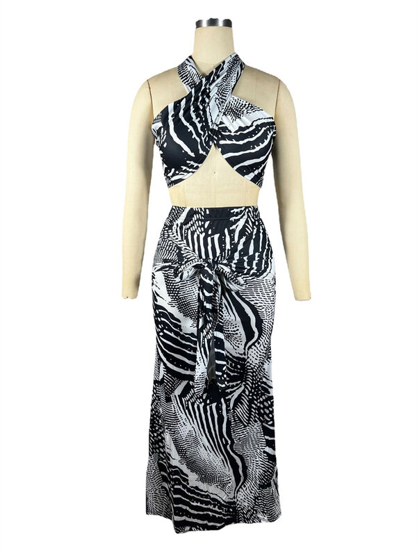 Женский комплект Макси-платья с цифровым принтом, бандажный топ с открытой спиной и юбка