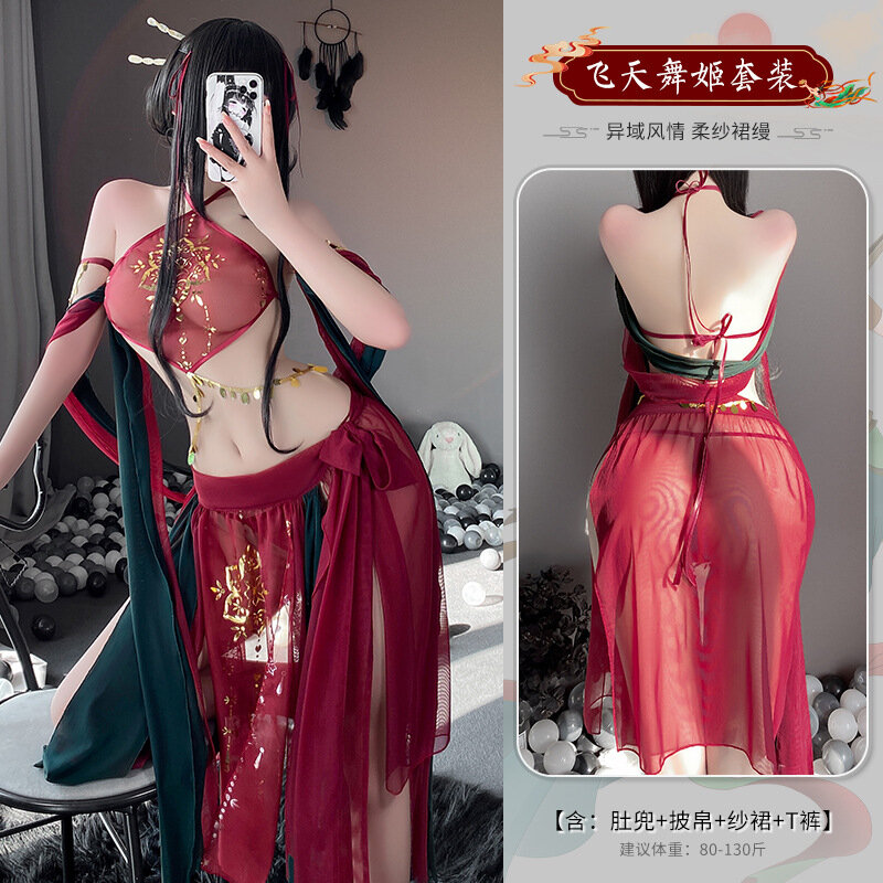 Hanfu High Split Stage Costumes Anime Cosplay Nightdress Women Classical Sexy Lingerie Mesh Outfit Halter Lace Floral Long Dress