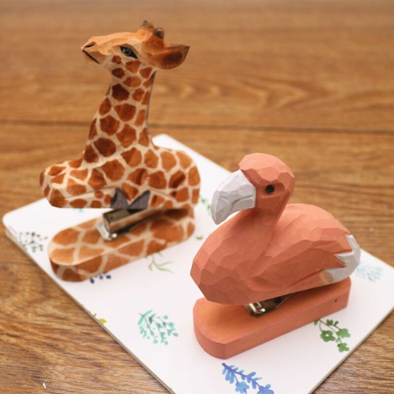 Stapler pengikat kertas ukiran kayu buatan tangan, kertas memperbaiki kayu 3D hewan kertas Binder kerajinan tangan berbentuk hewan