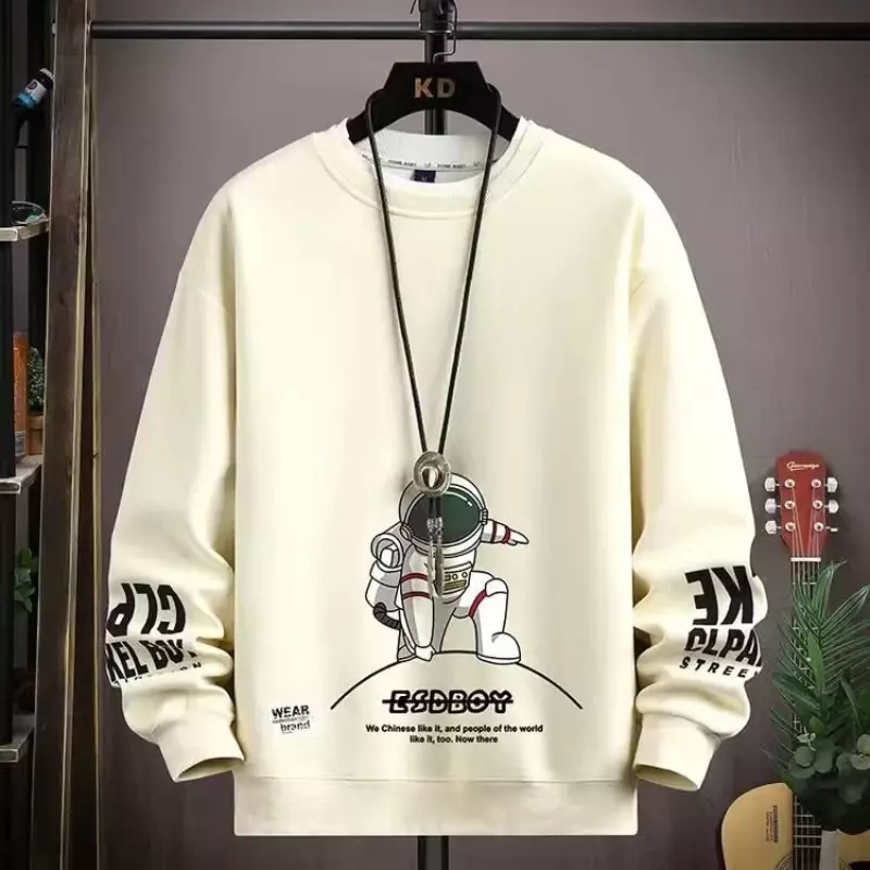 Felpa da uomo autunnale maglietta a maniche lunghe stampata astronauta adolescente abbigliamento da uomo di moda grigio O collo Harajuku Top nuovo