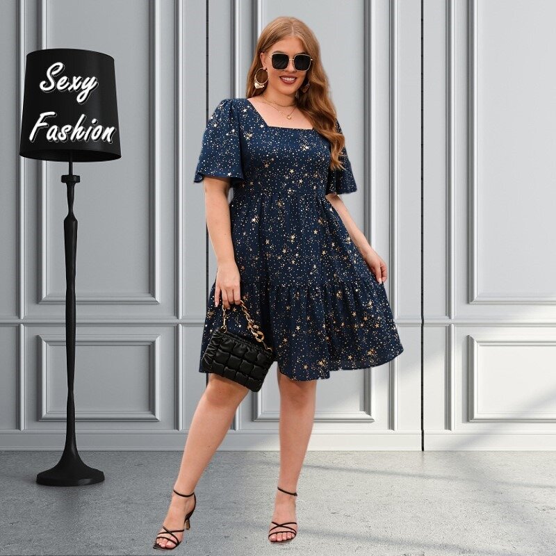 XL-4XL Plus Size Dresses Women Clothing Summer Short Sleeve Gold Stamping Loose Casual Elegant Party Midi Dress Female Outfits