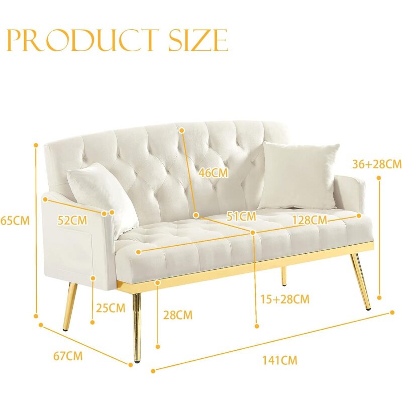 Sofá de veludo antiestofado Loveseat, Sofá pequeno moderno, Sofá com bolso lateral e pernas de metal dourado, Sofá adornado do lazer